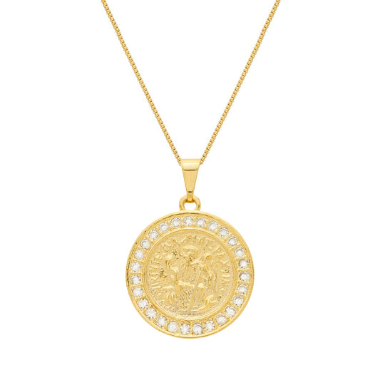 Colar Dourado Medalha São Miguel Arcanjo Cravejado de Zircônia