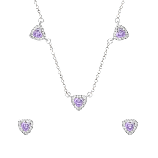 Conjunto Prateado de Coração Lilás Cravejado de Zircônia