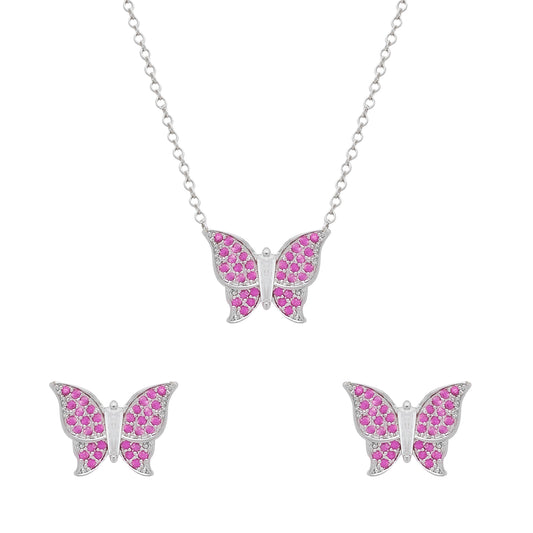 Conjunto Prateado de Borboletas Cravejado de Zircônia Rosa