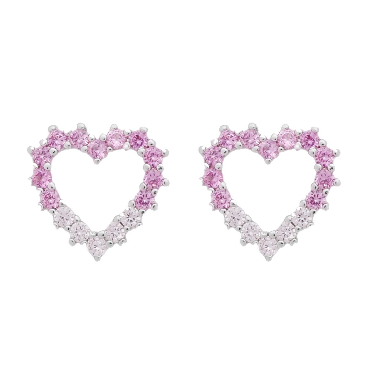 Conjunto Prateado de Coração Vazado Cravejado de Zircônia Rosa Dois Tons