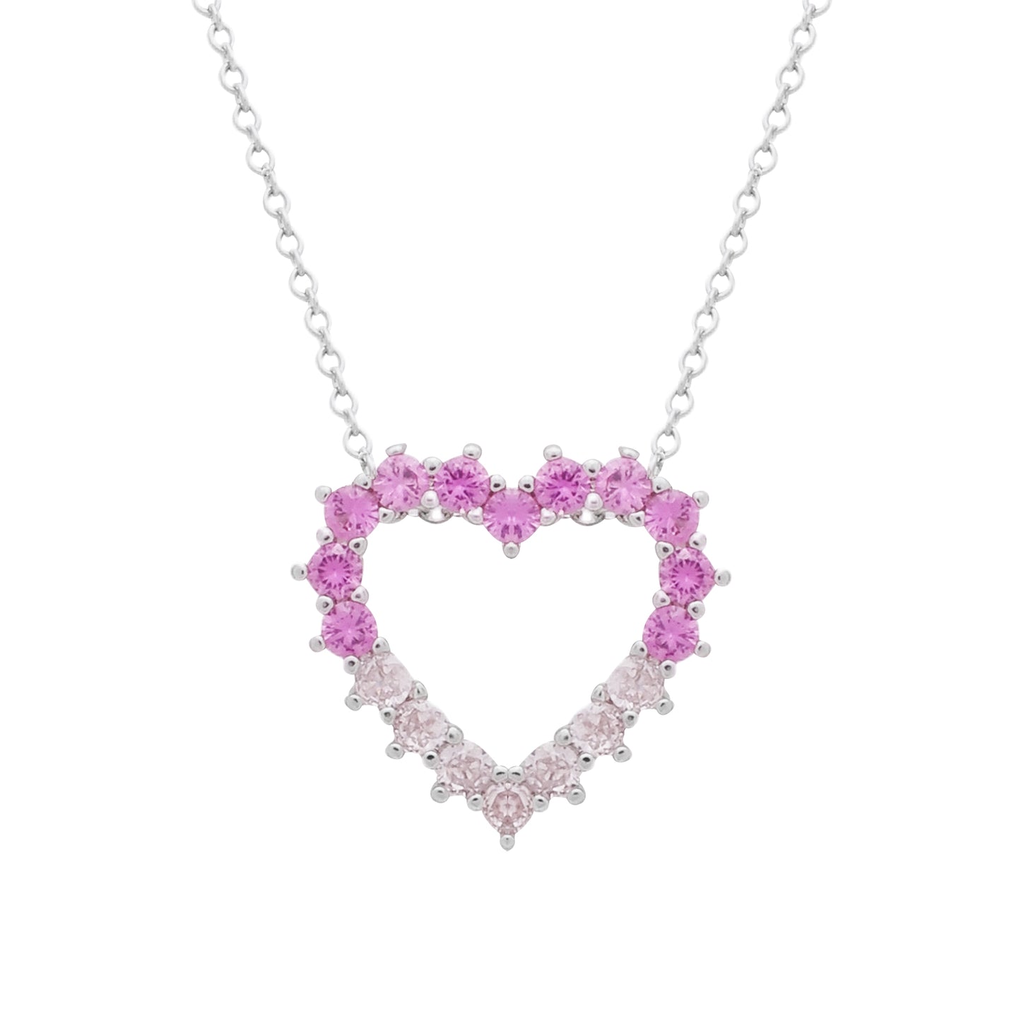 Conjunto Prateado de Coração Vazado Cravejado de Zircônia Rosa Dois Tons