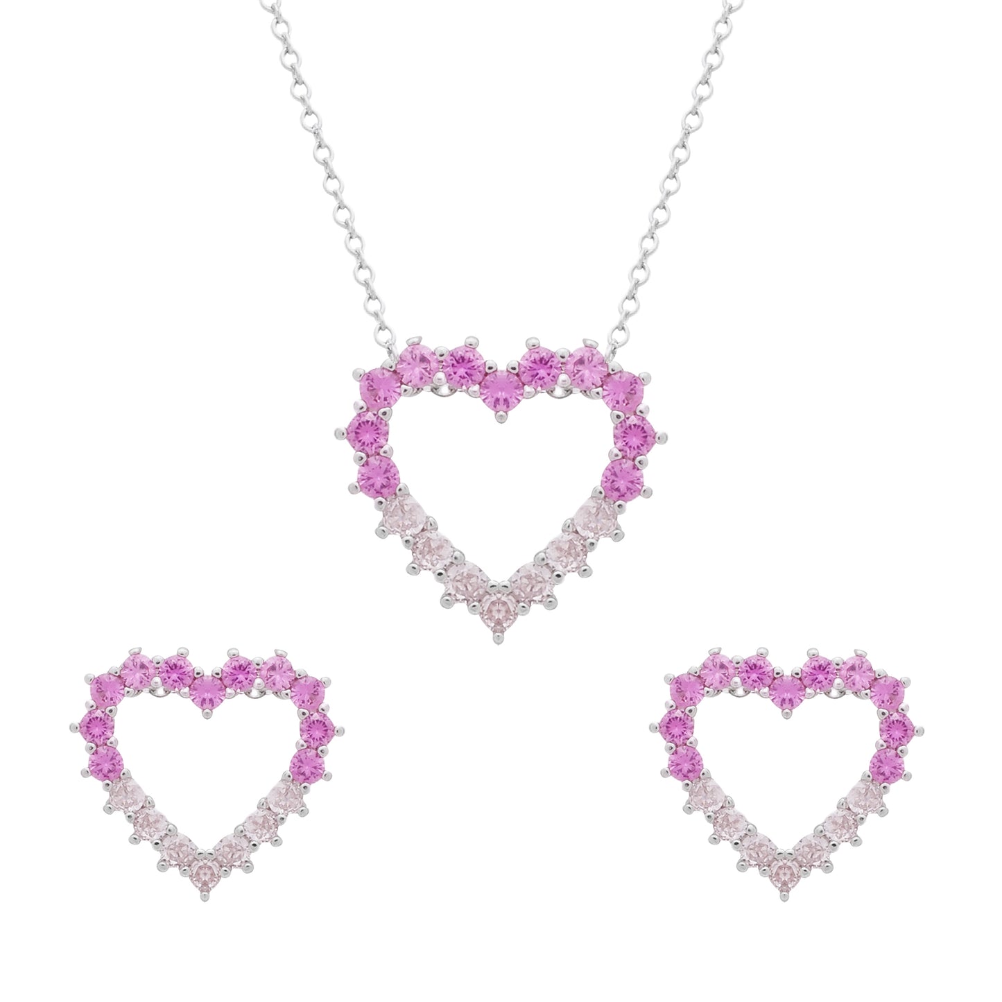 Conjunto Prateado de Coração Vazado Cravejado de Zircônia Rosa Dois Tons