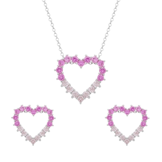 Conjunto Prateado de Coração Vazado Cravejado de Zircônia Rosa Dois Tons